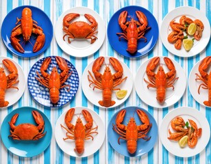Seafood Feast Lobsters Crabs and Shrimp on Plates with Striped Background