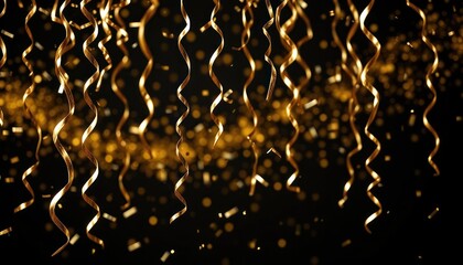 Elegant celebration background with golden streamers and confetti on black