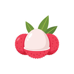 Vector illustration of Lychee with Red Skin and Green Leaves on White Background.
