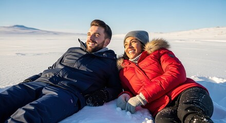Couple enjoying winter snow while lying together on the ground