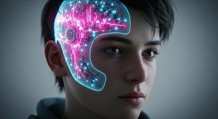 Young person with a digital interface in the head displaying lights  