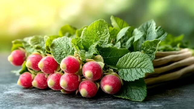 Fresh radish bunch Vibrant greens  scarlet bulbs sit on stone surface bathed in warm light