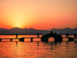 Sunset landscape of Yongquan bridge at West lake(Xihu),located in  Hangzhou city of China