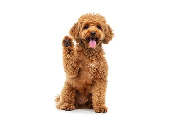 Cute brown poodle puppy waving isolated on white background