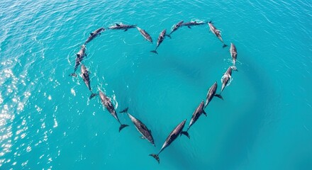 Dolphins forming a heart shape while swimming in clear turquoise water  