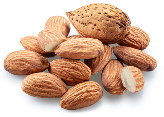 Pile of shelled almond nuts isolated on white background. File contains clipping path.