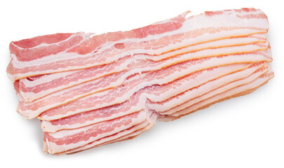 Slices of uncured pork belly or becon slices on white background. Clipping path.
