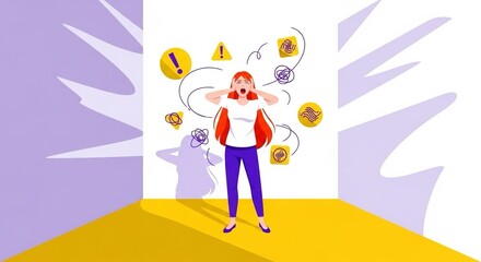 Daily Life Stress - A flat vector illustration depicting a person in a small yellow environment, ideal for creative projects, presentations, or digital content.
