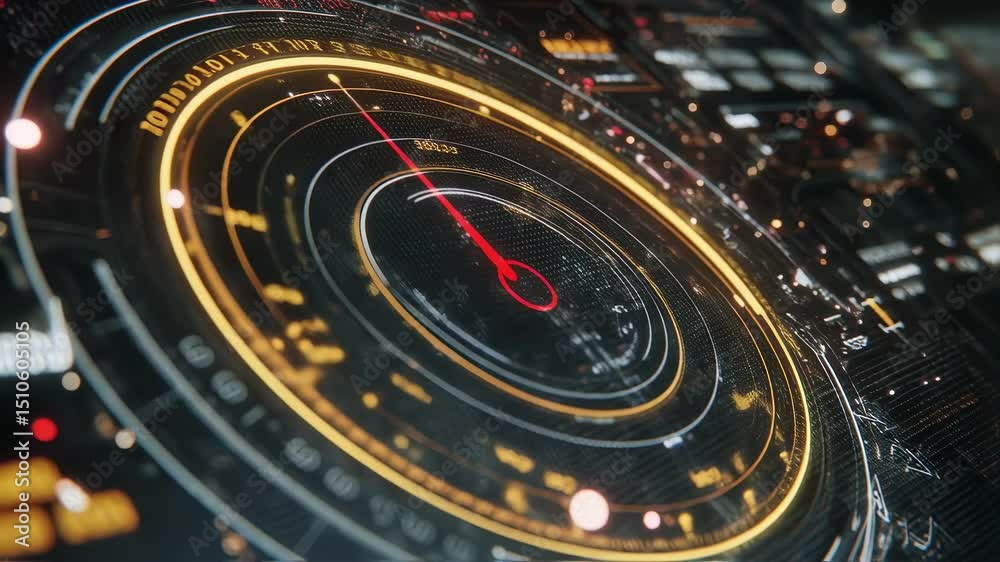 Poster closeup of a robotic spooler control panel displaying intricate readouts and indicators as the syste