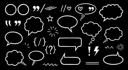 Assorted White Speech Bubbles Doodle Elements on Black Background