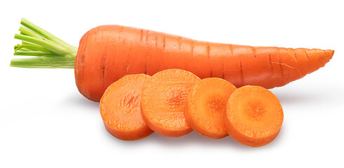 Red carrot with round carrot slices isolated on white background. File contains clipping paths.