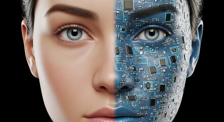Human and technology integration with half face of woman and circuit board  