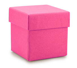 Small pink cardboard gift box isolated on white background. File contains clipping path.