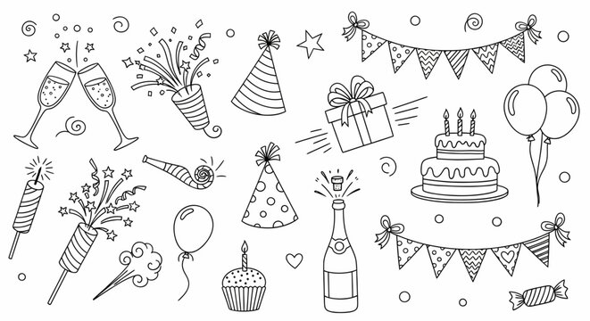 Party Elements Set for Birthday Celebration Line Art