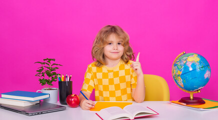 School child. Kid boy from elementary school. Pupil go study. Clever schoolboy learning isolated on...