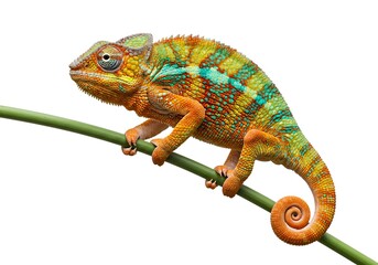 Colorful Panther Chameleon on Green Branch Isolated on White © Usairim Hossain