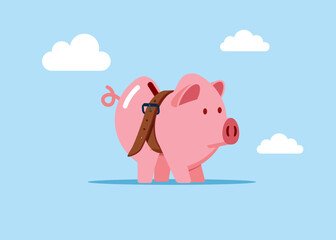 Piggy bank tighten his belt. Reduce budget or spending, financial crisis. Flat vector illustration