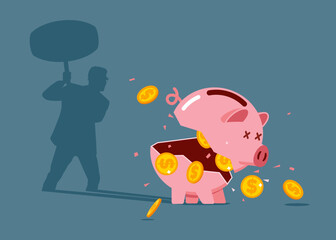 Bankruptcy. Piggy bank casting a shadow with businessman with sledgehammers smashed pink piggy bank to find money. Flat vector illustration