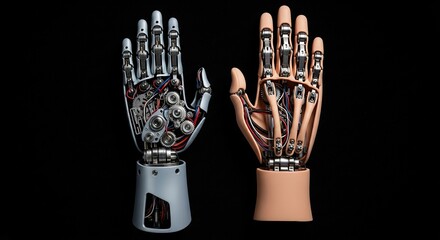 Robotic and human-like prosthetic hands displayed side by side  