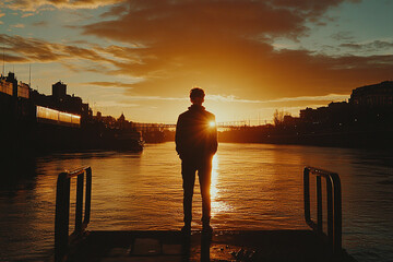 silhouette of a man standing on the pier at sunset