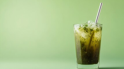 A classic herb drink that is nice in summery is tereré an icy treat mixed in yerba mate in glass metal straw over pale green setting, Generative AI.