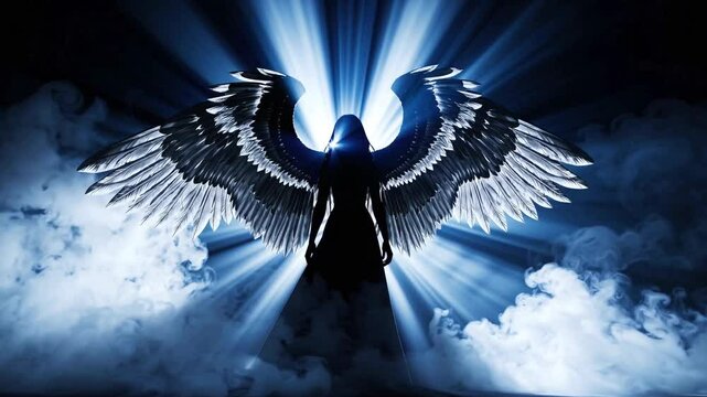 Supernatural winged figure with detailed feathered wings standing against dramatic blue light and cloudy background. Silhouetted humanoid form with expansive wings spread wide