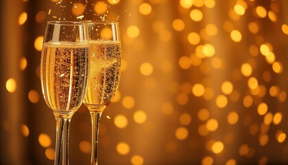 Two elegant champagne flutes toasting amidst golden bokeh background