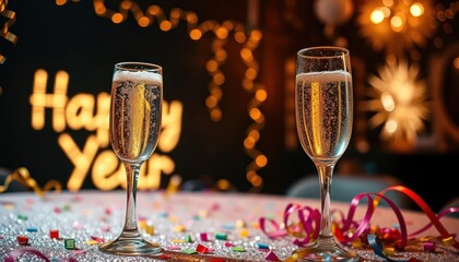 Festive New Year's Celebration with Sparkling Champagne and Confetti