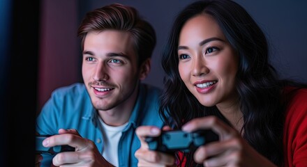 Friends playing video games together at home during the evening
