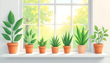 Minimalist flat-style illustration of various houseplants in decorative pots, placed in a clean modern setting