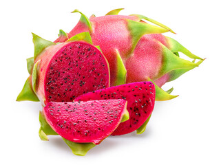 Dragon fruits and dragon fruit slices isolated on white background. File contains clipping paths.