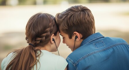 Two young friends listening to music together in a park outdoors  