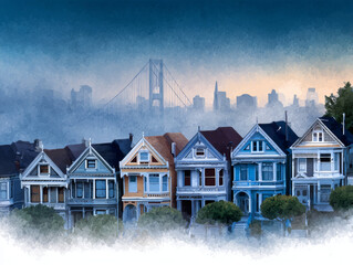 Watercolor postcard illustration of foggy San Francisco skyline with Victorian houses and dreamy lighting Generative AI
