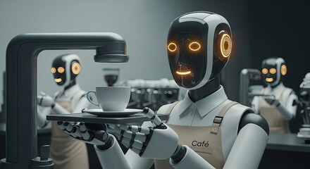 Robot barista serving coffee in futuristic café environment  