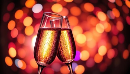 Sparkling champagne flutes toasting against vibrant bokeh background celebration