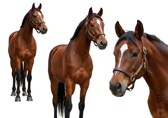 Three brown horses isolated on white background in different poses