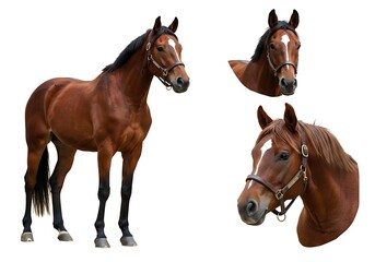 Brown horse isolated on white background in different angles