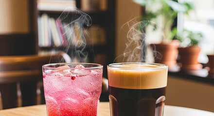 Two glasses with drinks of different colors for friends on table  