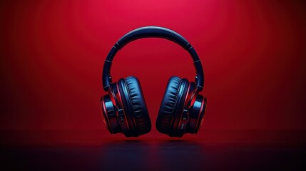 Stylish headphones on red backdrop