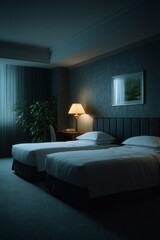 A neatly arranged hotel room with two beds, modern furniture and decor.