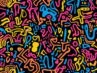 Obraz premium Vibrant, chaotic, and colorful doodle pattern with abstract shapes reminiscent of 90s hip-hop street art.