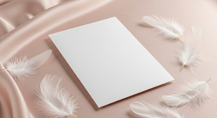 Blank White Card Mockup with White Feathers on Beige Silk