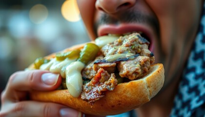 Enthusiastic man biting into a fully loaded, appetizing Philly cheesesteak