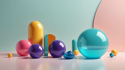 Minimalist abstract scene with colorful glossy shapes on neutral background
