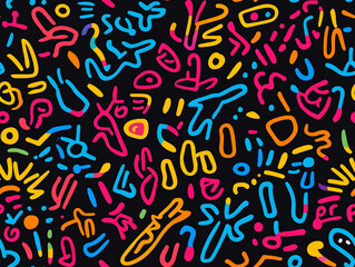 Obraz premium Vibrant, chaotic, and colorful doodle pattern with abstract shapes reminiscent of 90s hip-hop street art.