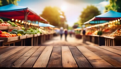 wooden tabletop with a blurred farmers market background