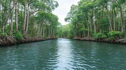 Lush mangrove forest lines a tranquil waterway.