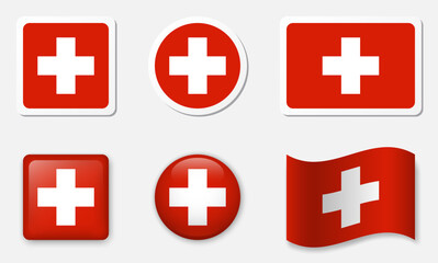 Flag of Switzerland icons collection. Flat stickers and 3d glass vector elements on white background.
