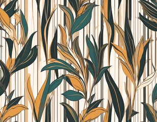 Stylized tropical leaves pattern with vertical stripes in shades of green and gold