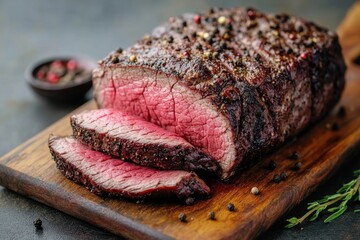 Sliced pepper crusted roast beef on wooden board